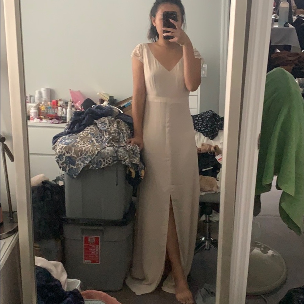 NWT paper crown beige slit maxi dress Sz xs